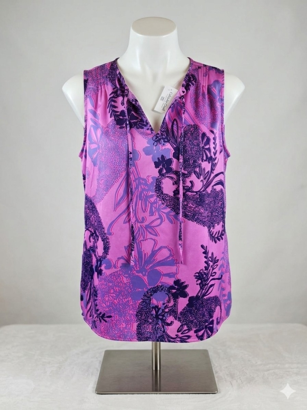Coldwater Creek Pink & Purple Floral Tie-Neck Sleeveless Top
